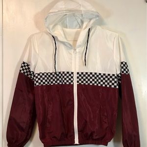 Women's Hooded Lightweight Burgandy Black White Check Zip Front Windbreaker Sm